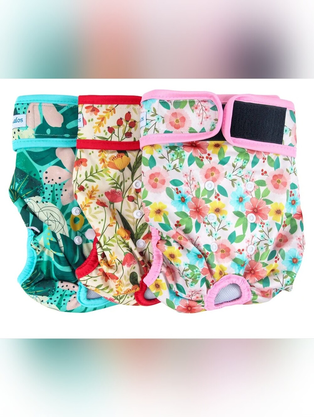 Dogs Floral Reusable Diapers - Pink, Red & Teal SMALL